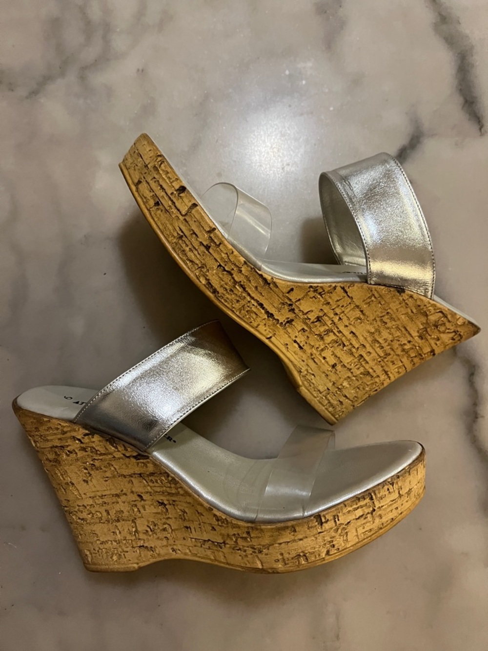 Athena Alexander Silver Metallic Cork Wedge Sandals